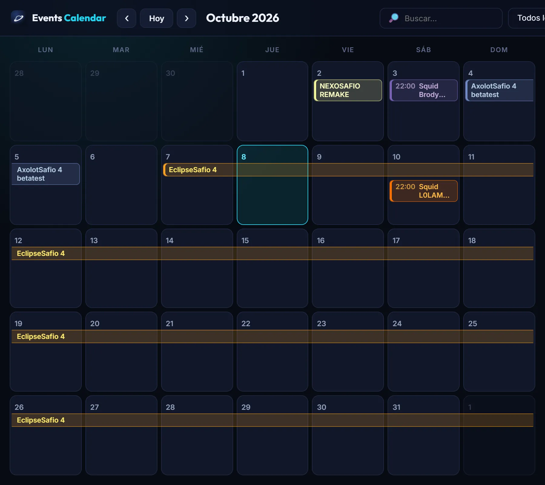 Events Calendar con los eventos de octubre
