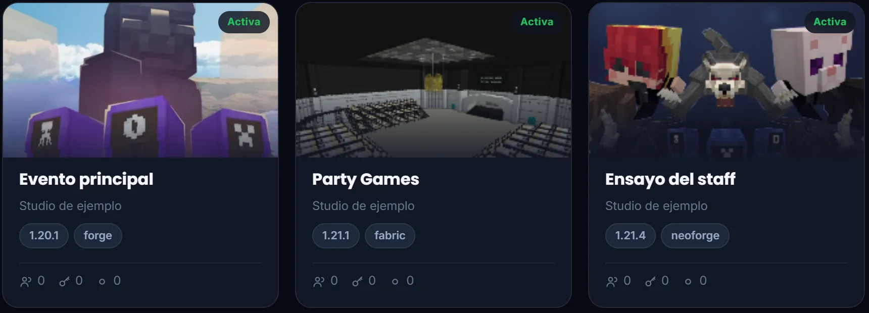 Instancias de un studio en el panel de Events